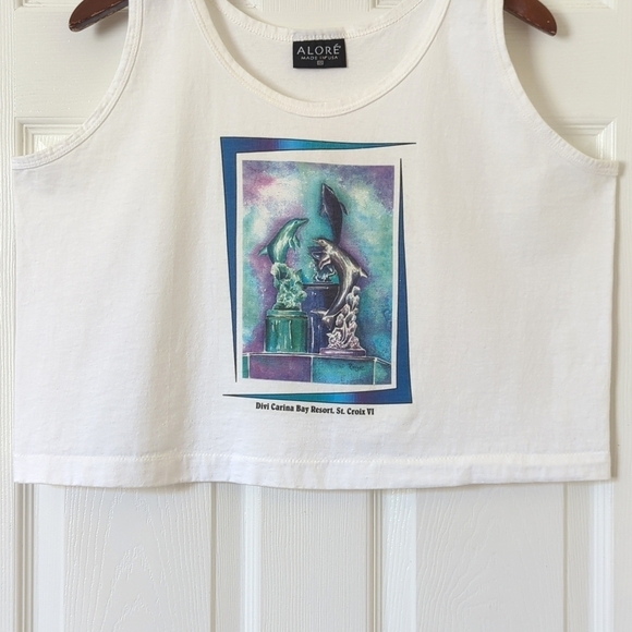 Alore 90's Vintage Funky Dolphin Graphic Scoop Neck Cropped Tank Top White OS - Picture 7 of 10